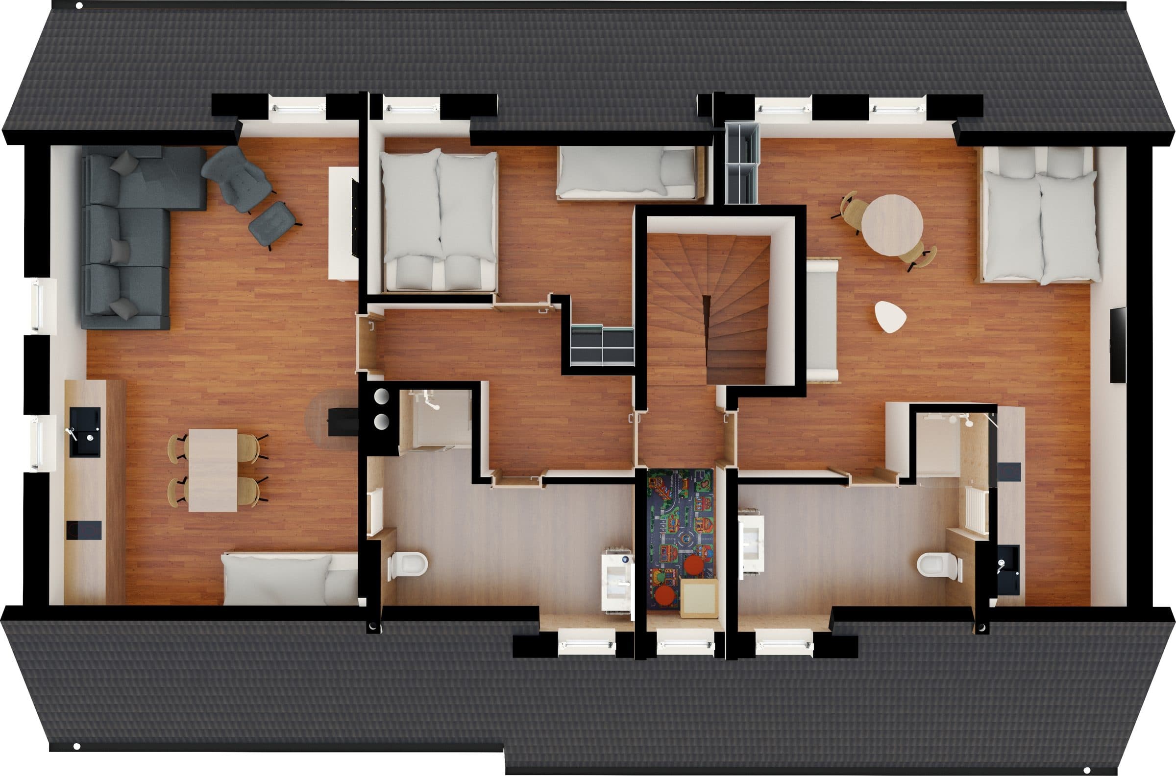 3D půdorys patra – vlevo apartmán Dominik, vpravo apartmán Miky, mezi nimi schodiště a dětská herna